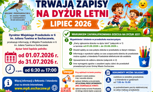 Dyżur wakacyjny w Miejskim Przedszkolu nr 6 w Sochaczewie - Lipiec 2026